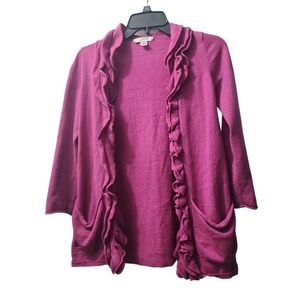 Garnet‎ Hill Ruffle Open Front Cardigan Sweater Pockets Raspberry Pink L